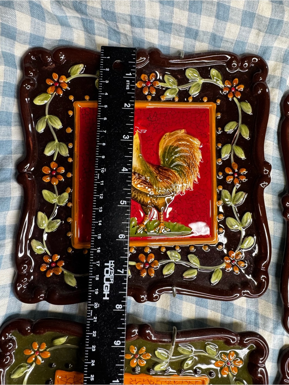 Hand-Painted Rooster Ceramic Wall Tiles – Set of 4 in Green, Orange, Yellow, Red - Picture 7 of 8